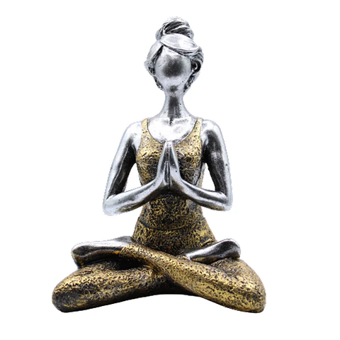 Escultura Artesanal Yoga Lady em Resina- Prata Dourado 24cm