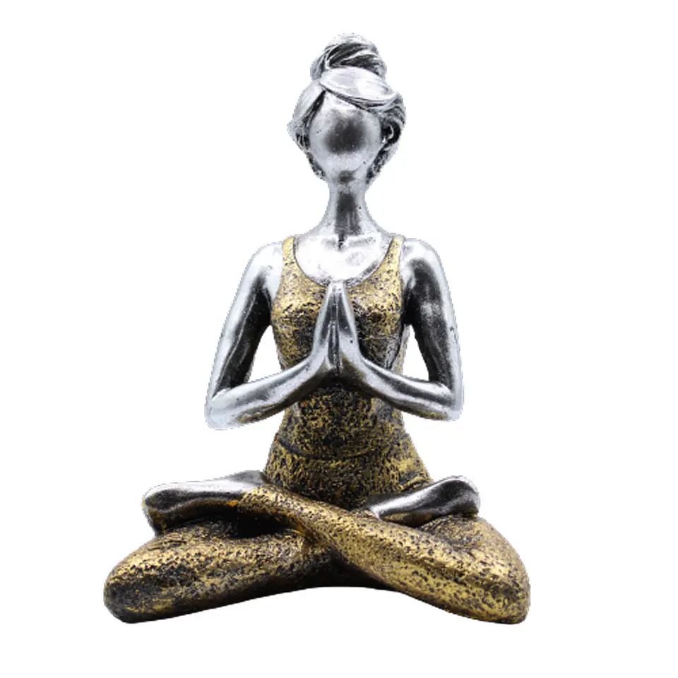 Escultura Artesanal Yoga Lady em Resina- Prata Dourado 24cm 1