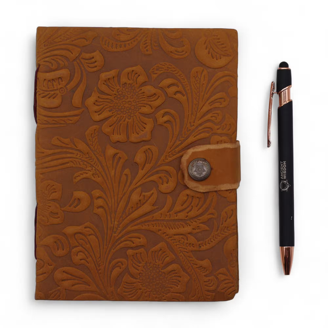 Caderno de Couro Relevo – Estampa Floral Bege 4