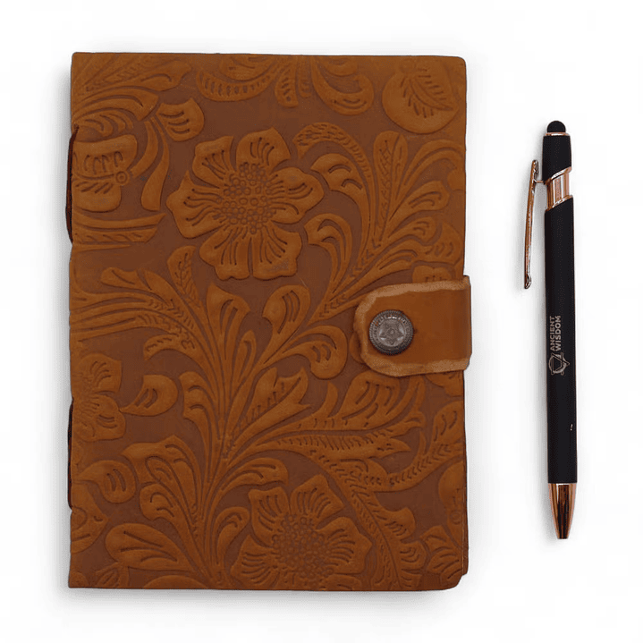 Caderno de Couro Relevo – Estampa Floral Bege 4
