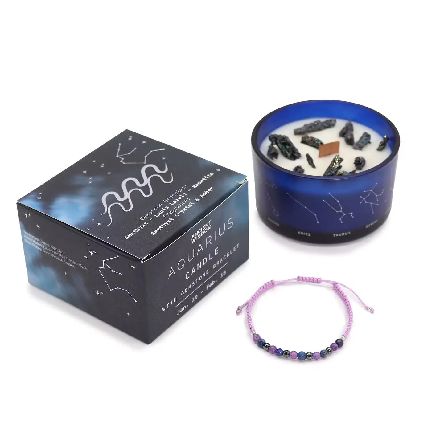Vela Artesanal Aquário com Pulseira de Pedras Naturais – Edição Azul Meia-Noite 2