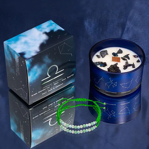 Vela Artesanal Libra/Balança com Pulseira de Pedras Naturais – Edição Azul Meia-Noite