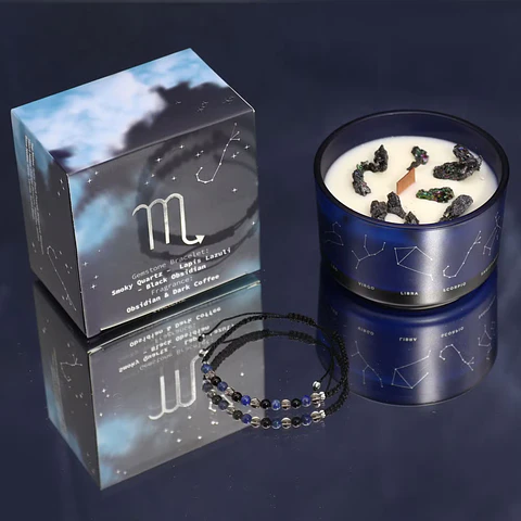 Vela Artesanal Escorpião com Pulseira de Pedras Naturais – Edição Azul Meia-Noite