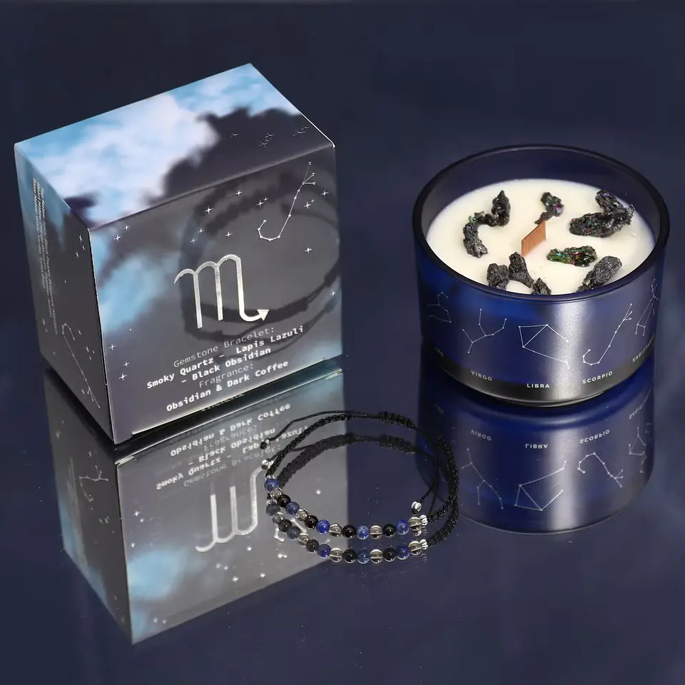 Vela Artesanal Escorpião com Pulseira de Pedras Naturais – Edição Azul Meia-Noite 1