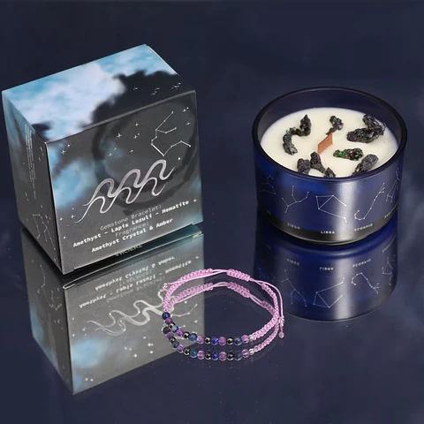 Vela Artesanal Aquário com Pulseira de Pedras Naturais – Edição Azul Meia-Noite