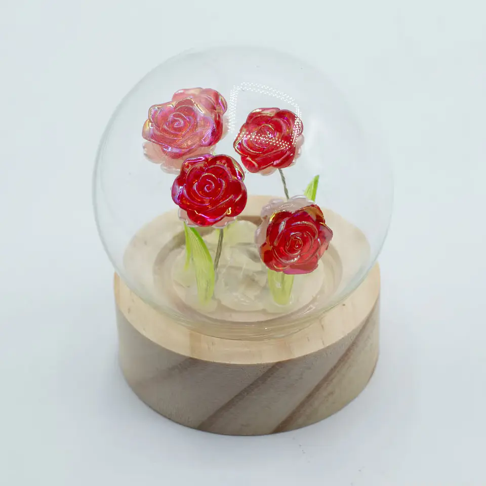 Candeeiro Floral em Cúpula de Vidro com 5 Rosas Vermelhas LED 2