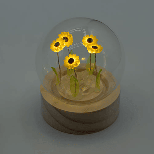 Candeeiro Floral em Cúpula de Vidro com 5 Girassóis LED