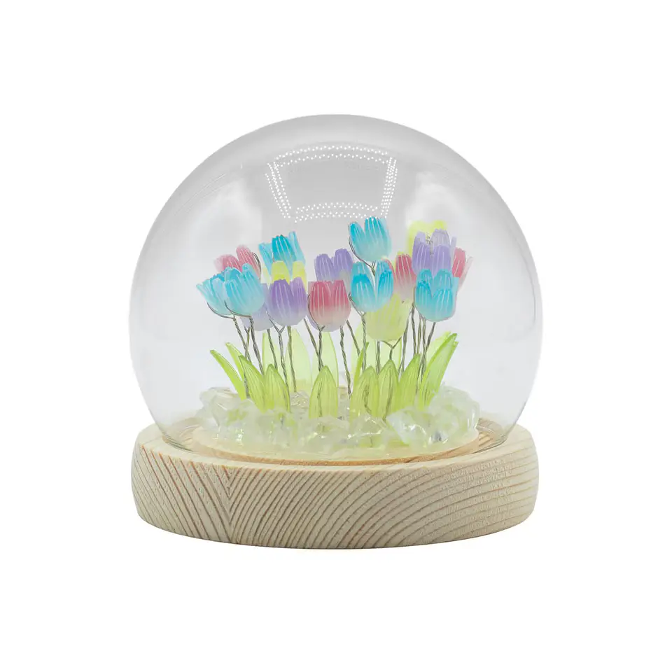 Candeeiro Floral em Cúpula de Vidro com 20 Tulipas Multicolor LED USB 4