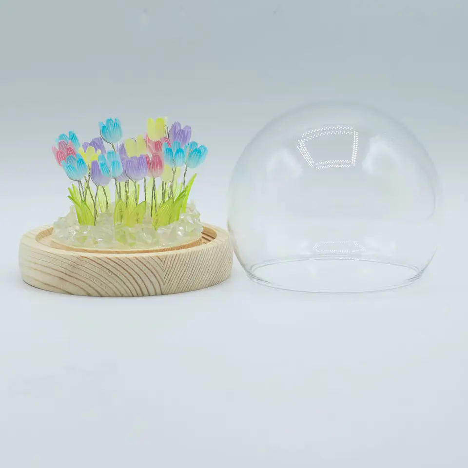 Candeeiro Floral em Cúpula de Vidro com 20 Tulipas Multicolor LED USB 3