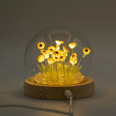 Candeeiro Floral em Cúpula de Vidro com 20 Girassóis LED USB
