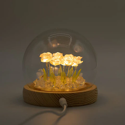 Candeeiro Floral em Cúpula de Vidro com 10 Rosas Cor-de-Rosa LED USB
