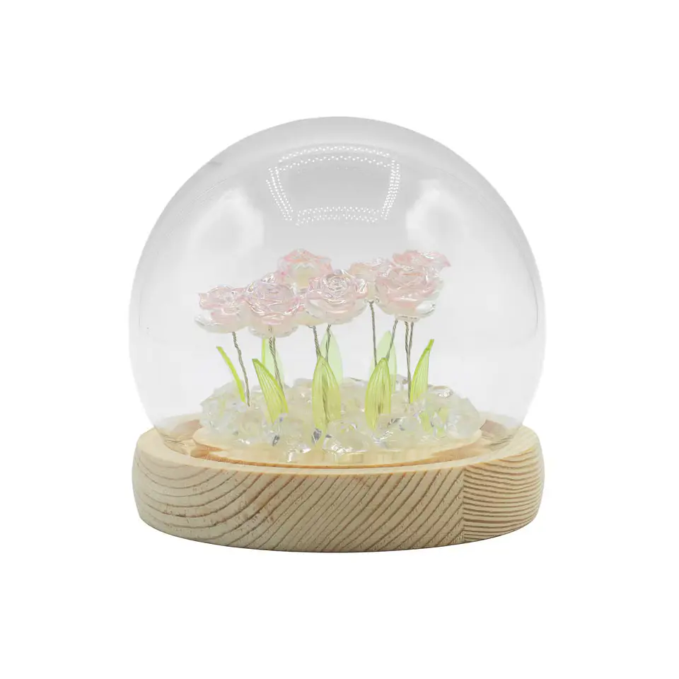 Candeeiro Floral em Cúpula de Vidro com 10 Rosas Cor-de-Rosa LED USB 2