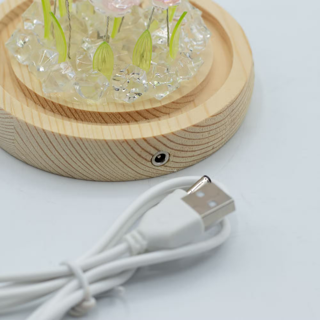 Candeeiro Floral em Cúpula de Vidro com 10 Rosas Cor-de-Rosa LED USB 3