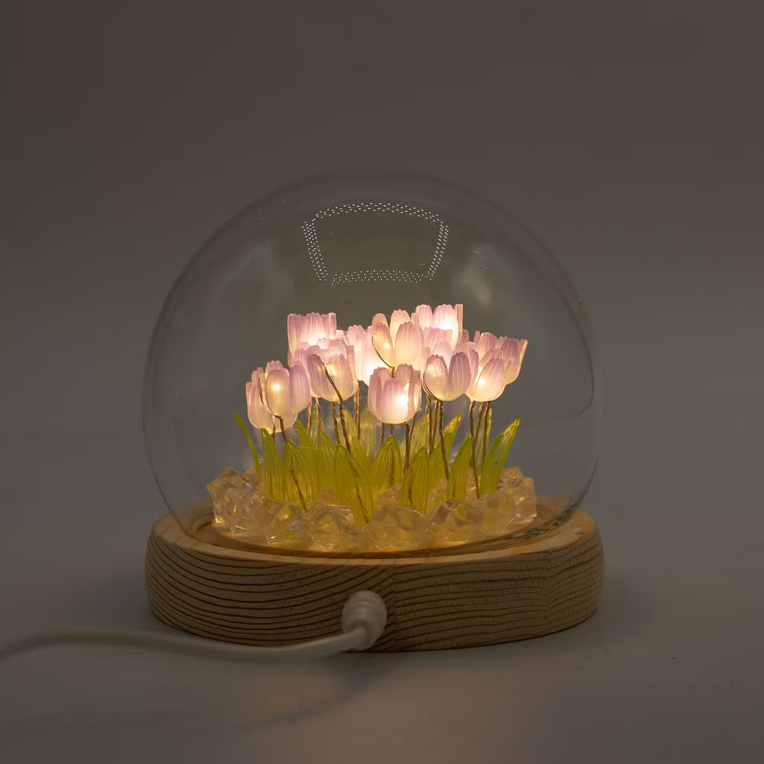 Candeeiro Floral com Glitter em Cúpula de Vidro – 20 Tulipas LED USB 1