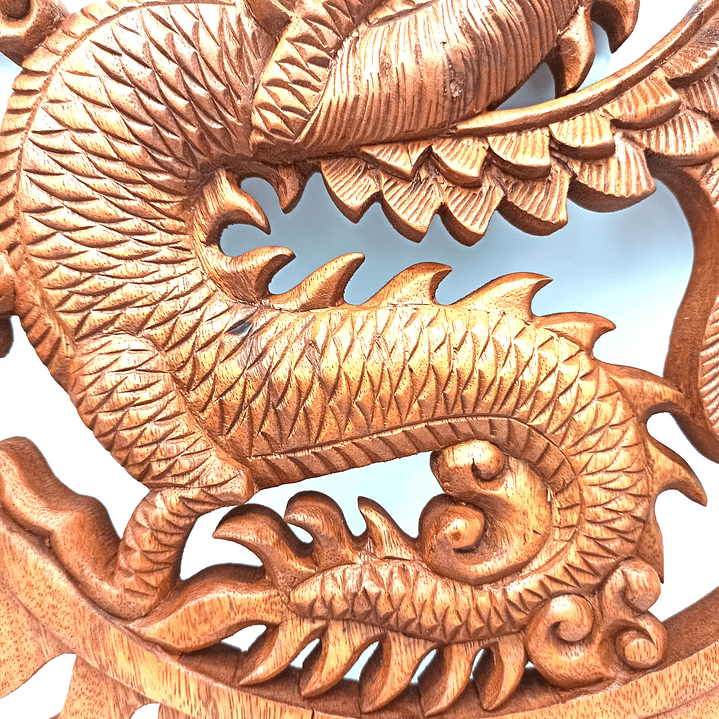 Painel Artesanal em Madeira Suar - Dragão Oriental de 40 cm 2