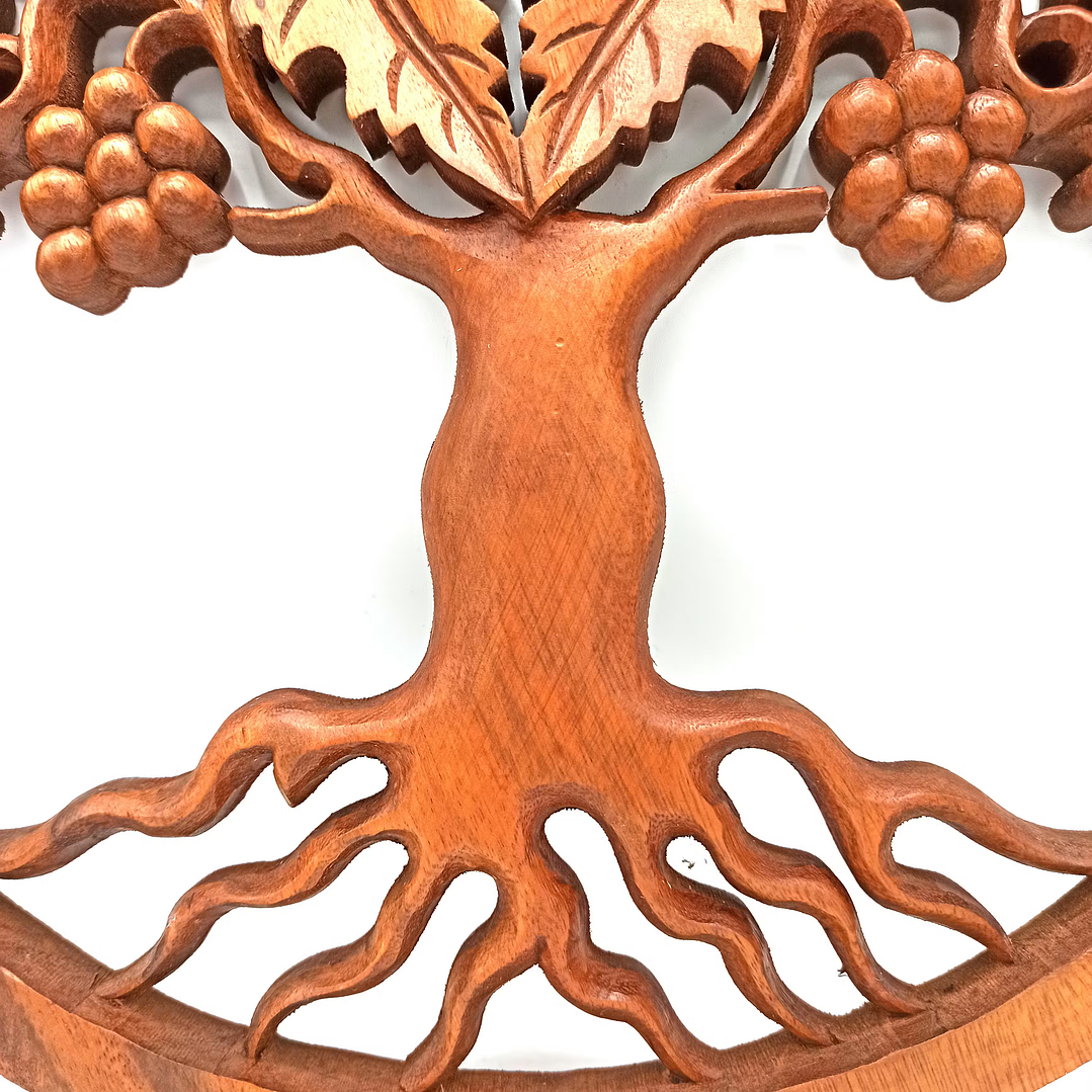 Painel Artesanal em Madeira Suar - Árvore da Vida com Uvas de 40 cm 3