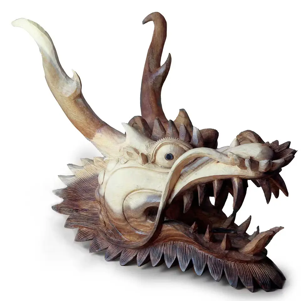 Escultura Artesanal em Madeira Suar - Cabeça de Dragão de 40 cm 1