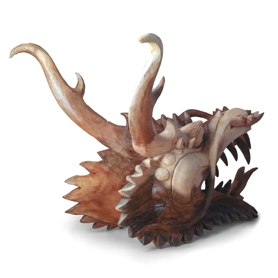 Escultura Artesanal em Madeira Suar - Cabeça de Dragão de 40 cm 3