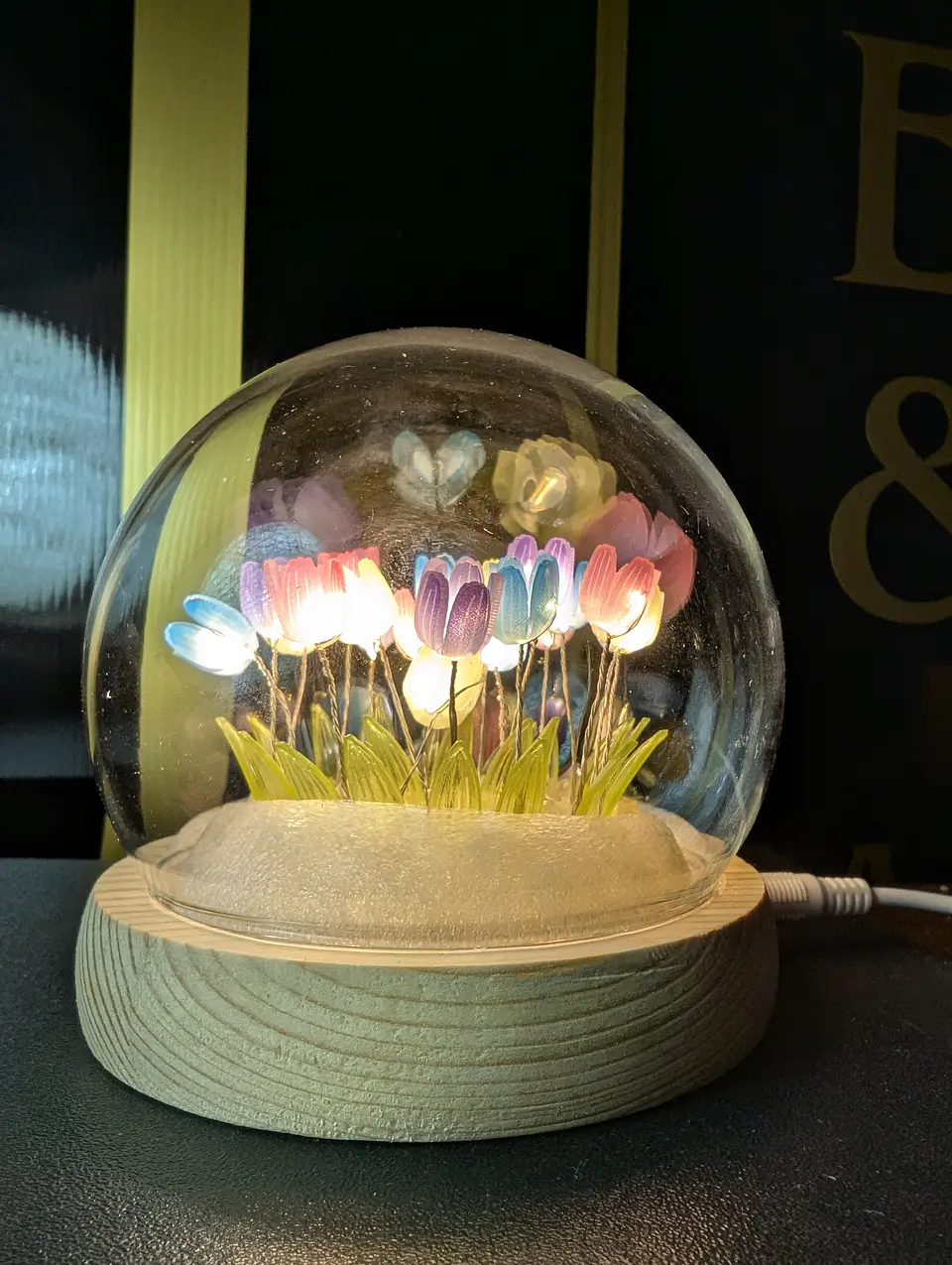 Candeeiro Floral em Cúpula de Vidro com 20 Tulipas Multicolor LED USB 1