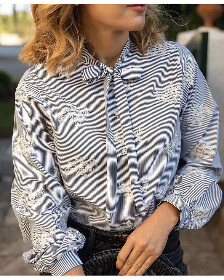 BLUSA RISCAS E FLORES BORDADAS