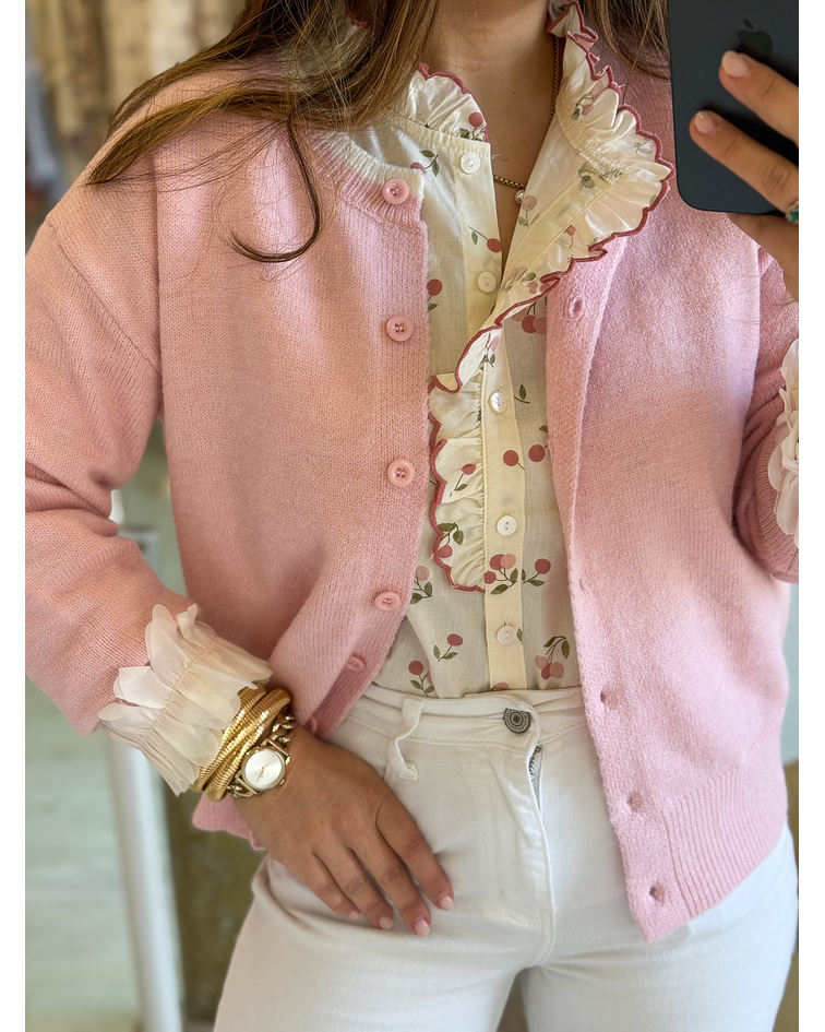 CARDIGÃ ROSA COM FOLHO