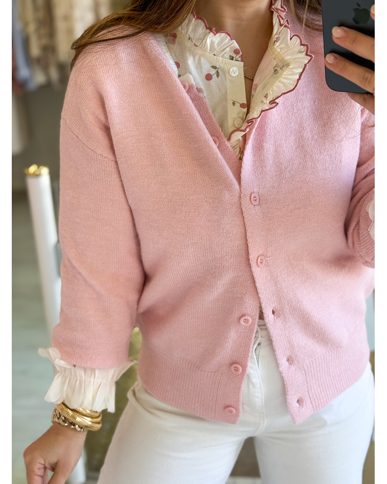 CARDIGÃ ROSA COM FOLHO