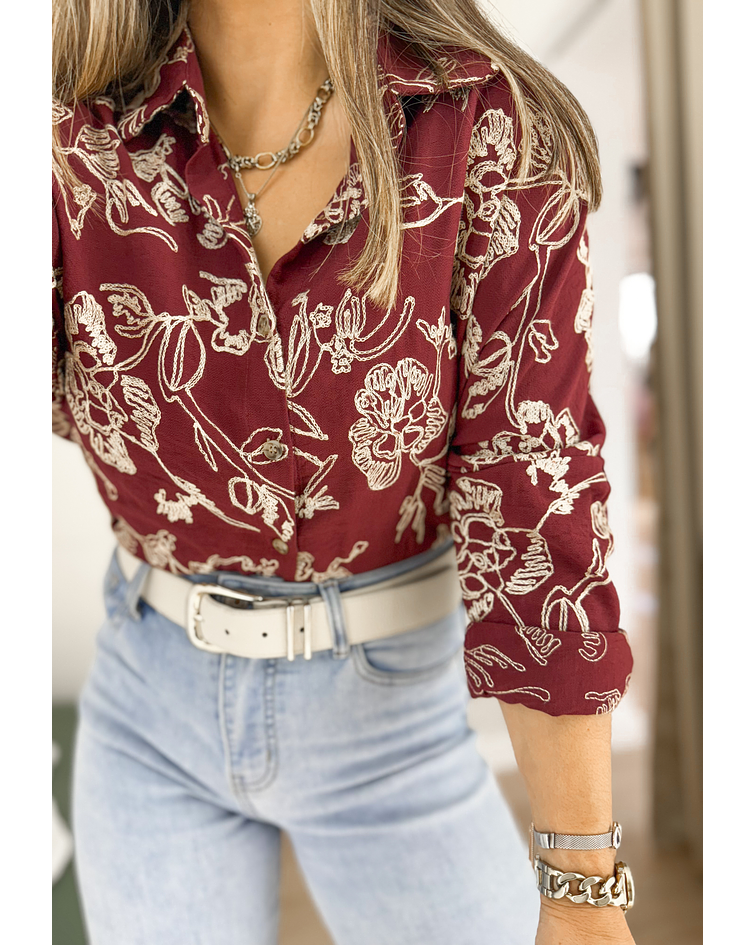 CAMISA BORDADA BORDÔ