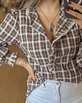 CAMISA QUADRADOS CASTANHA COM RENDINHA