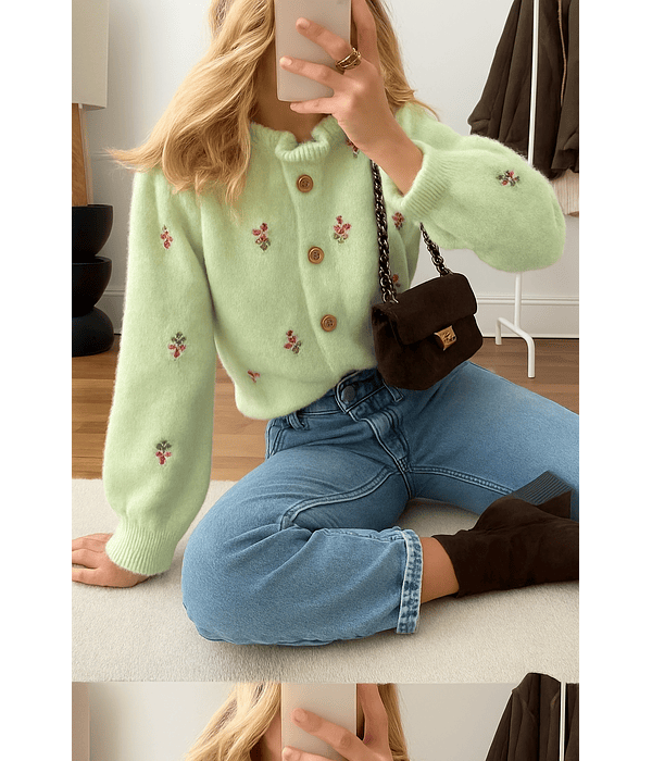 CARDIGA MALHA FLORES BORDADAS