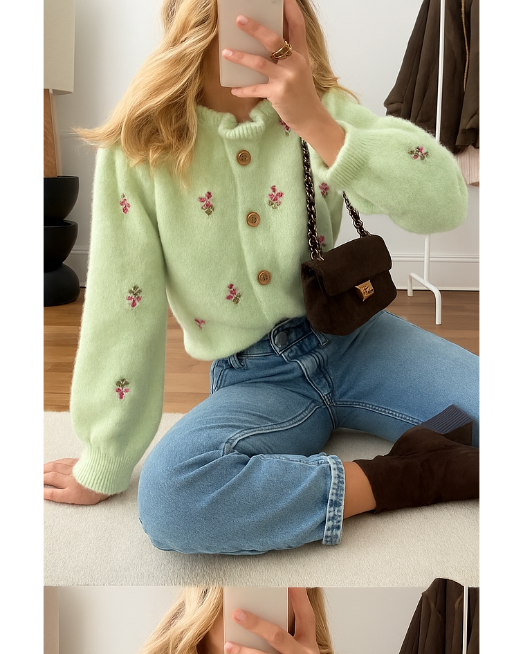 CARDIGA MALHA FLORES BORDADAS