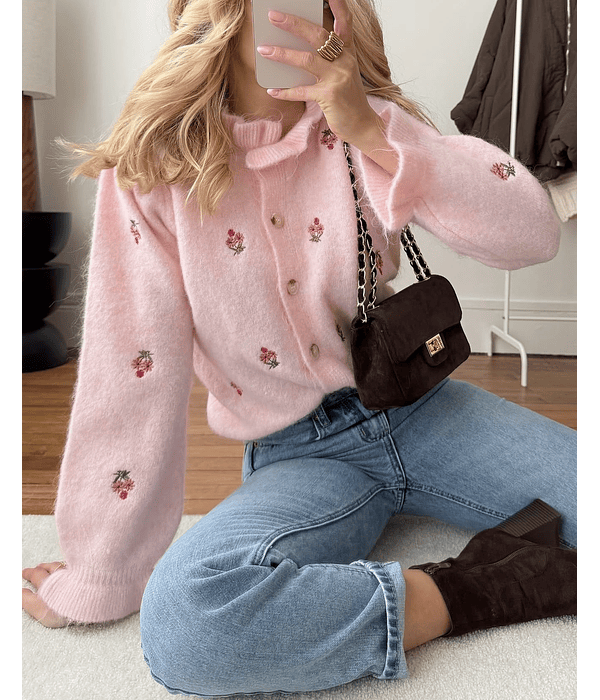 CARDIGA MALHA FLORES BORDADAS  