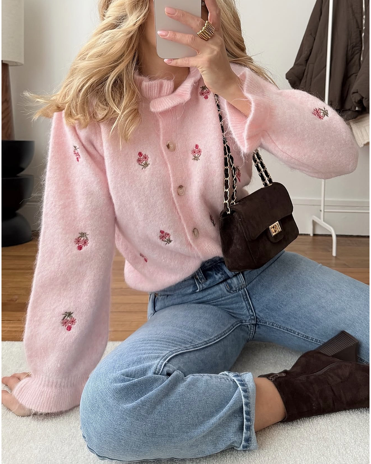 CARDIGA MALHA FLORES BORDADAS  