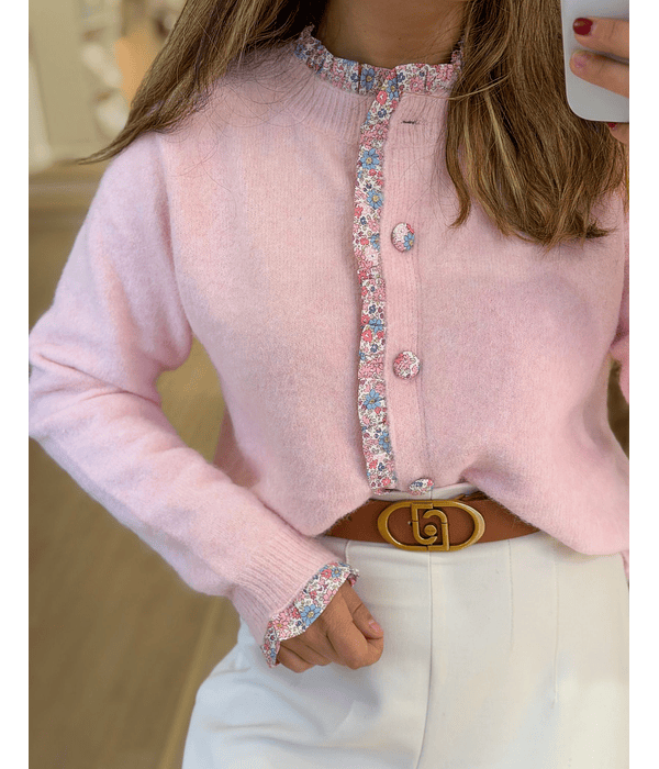 CARDIGÃ ROSA COM FOLHINHO