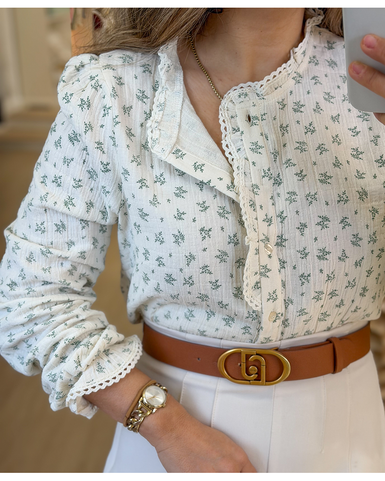 CAMISA ESTAMPADA COM FLORES VERDES