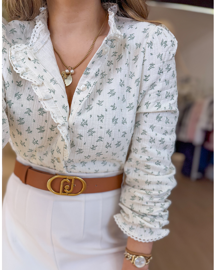 CAMISA ESTAMPADA COM FLORES VERDES