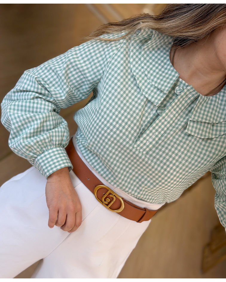 BLUSA VICHY VERDE COM FOLHO