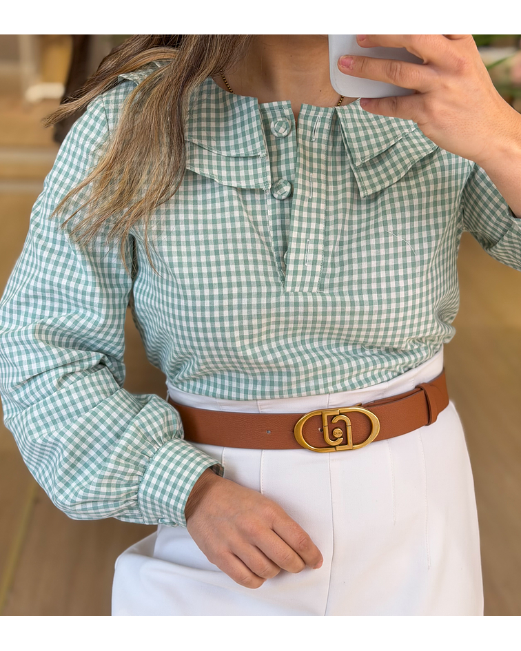 BLUSA VICHY VERDE COM FOLHO