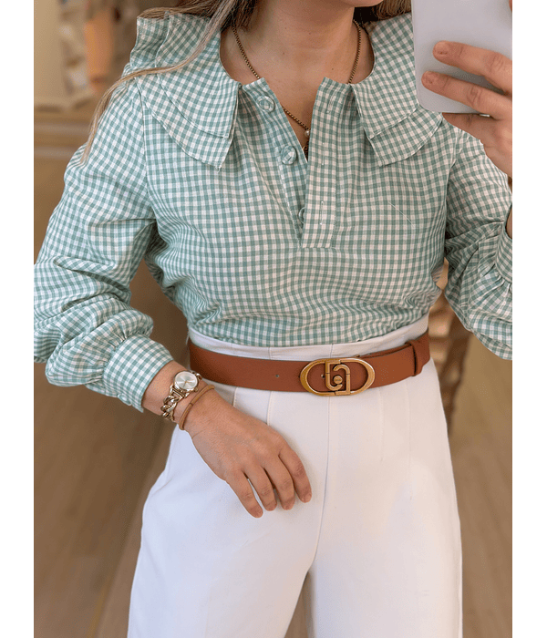 BLUSA VICHY VERDE COM FOLHO