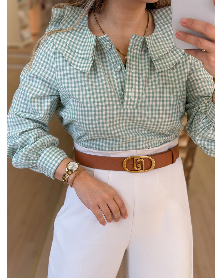 BLUSA VICHY VERDE COM FOLHO