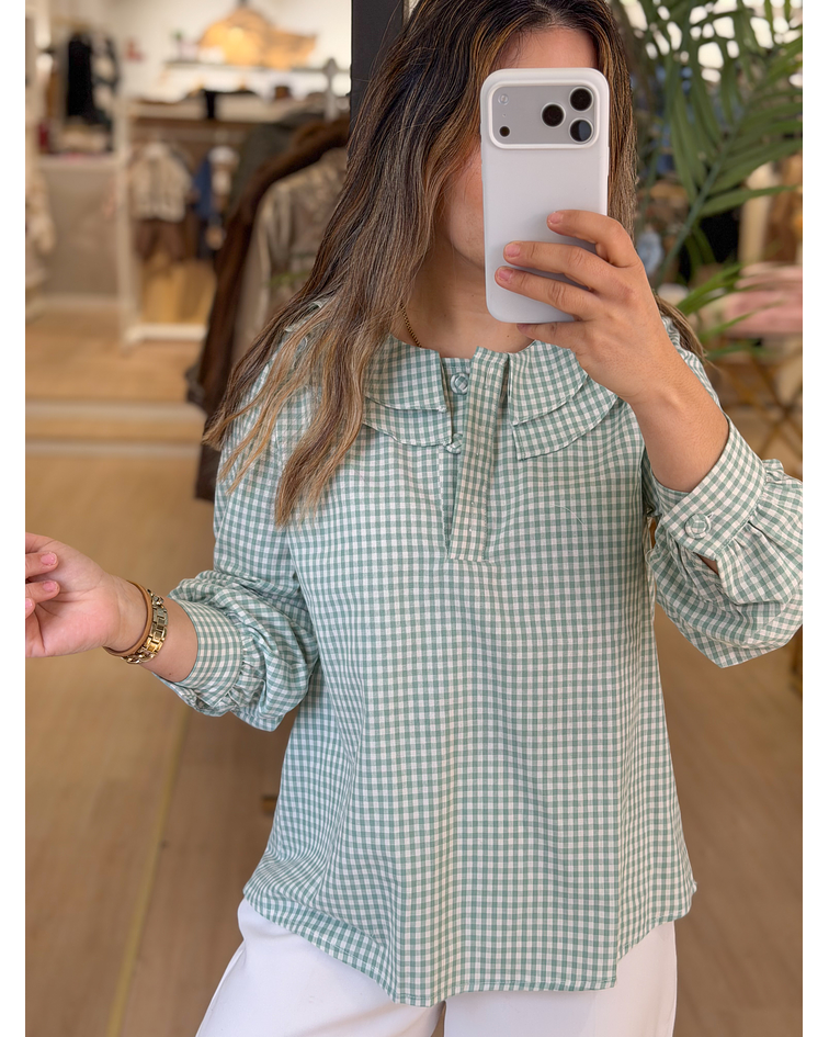 BLUSA VICHY VERDE COM FOLHO