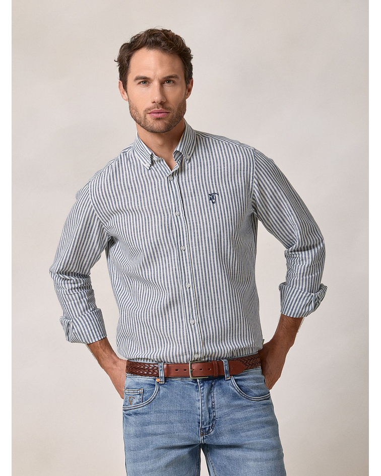 Camisa Linho Listrada | Azul