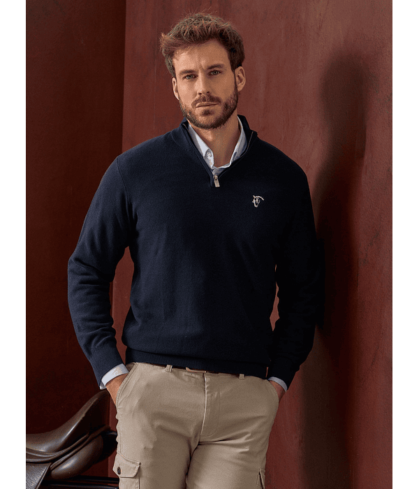 Suéter de Estrutura com Meio Zíper | Azul Marinho