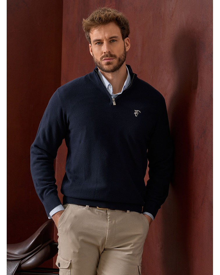 Suéter de Estrutura com Meio Zíper | Azul Marinho