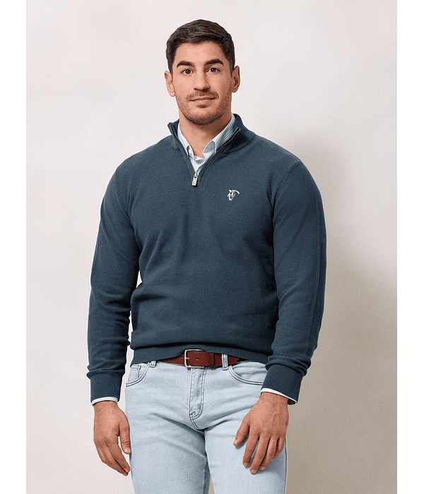 Suéter de Estrutura com Meio Zíper | Azul Lago