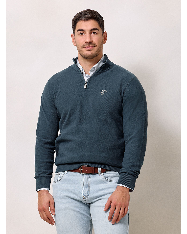 Suéter de Estrutura com Meio Zíper | Azul Lago