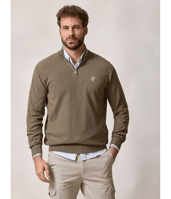 Suéter de Estrutura com Meio Zíper | Verde Oliva