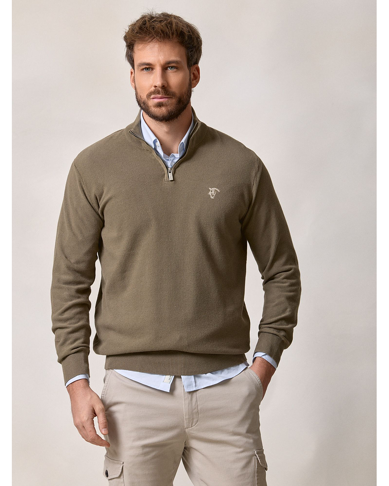 Suéter de Estrutura com Meio Zíper | Verde Oliva