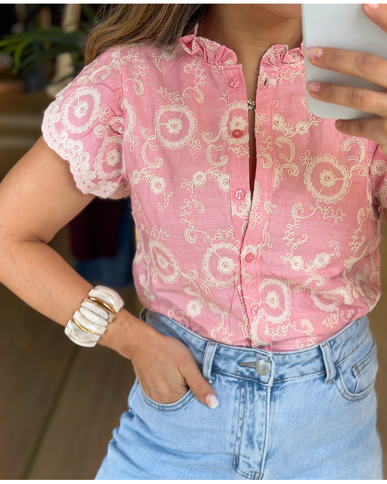 CAMISA BORDADA ROSA
