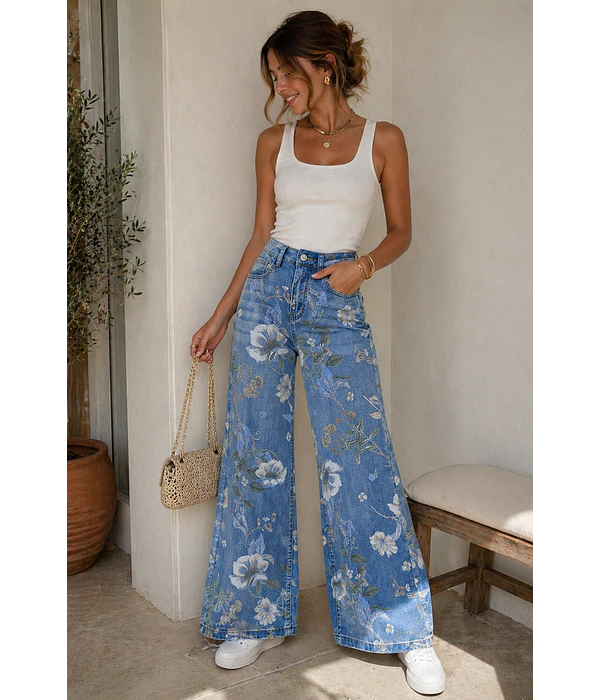 JEANS COM FLORES ESTAMPADAS