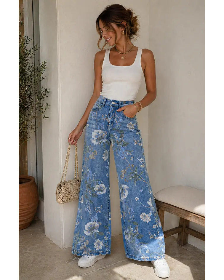 JEANS COM FLORES ESTAMPADAS